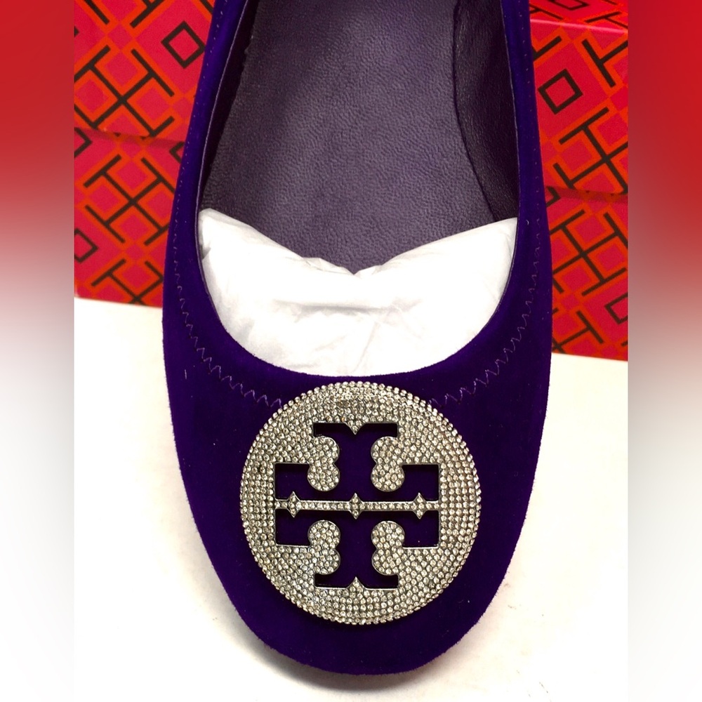 Tory Burch Deep Purple Crystal Pavé Minnie Travel Ballet Flat Shoes - Picture 14 of 16